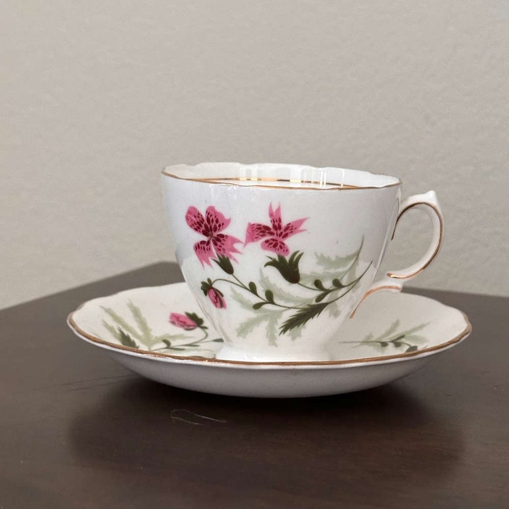 Vintage Colclough Bone China TeaCup Saucer Pink Floral Gold Trim Made in England